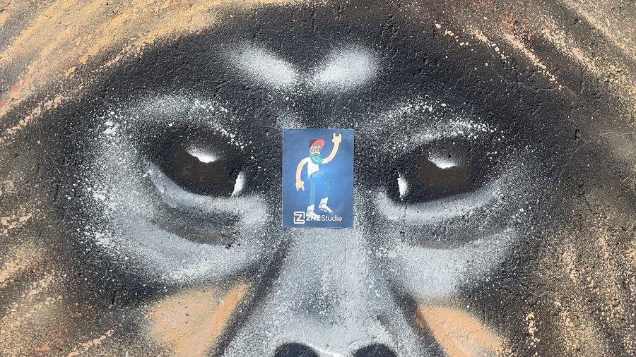 Na testa do macaco pintado no muro